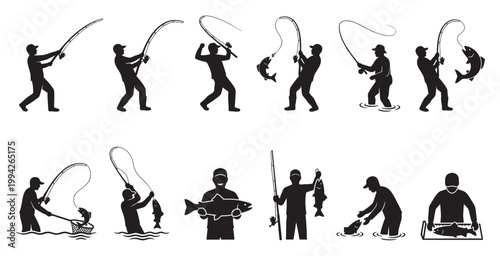 A collection of black and white silhouette icons depicting various stages of fishing, from casting a line to landing a fish.