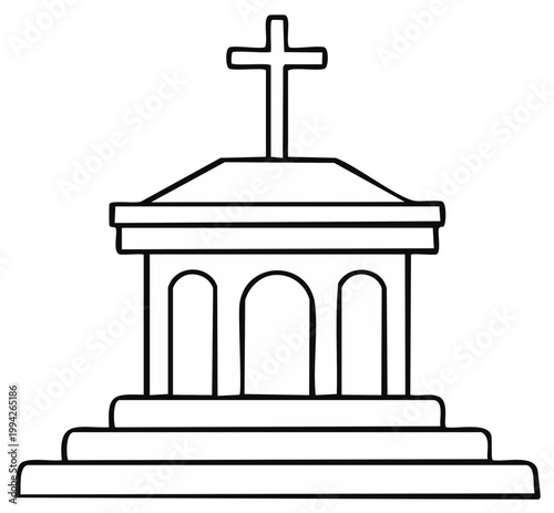 Religious Crypt with Cross Simple Minimalist Line Art Illustration Death Cemetery Burial Chamber