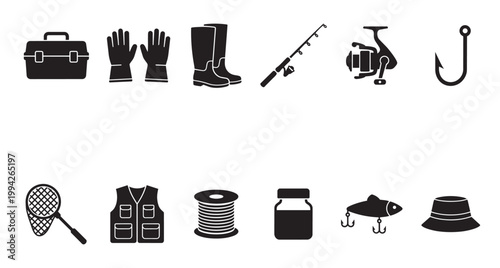 A collection of black fishing equipment icons set against a white background, featuring items like a tackle box, gloves, boots, rod, reel, hook, net, vest, line, bait, lure, and hat.