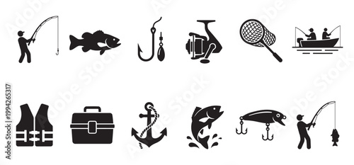 Collection of black silhouette icons representing fishing activities, equipment, and marine life, perfect for adventure or hobby-related designs.