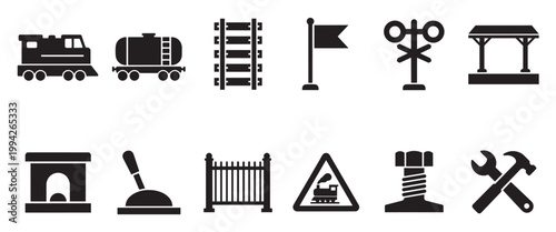 A black and white graphic collection featuring various railway and transportation-themed icons, including trains, tracks, a station, and tools.