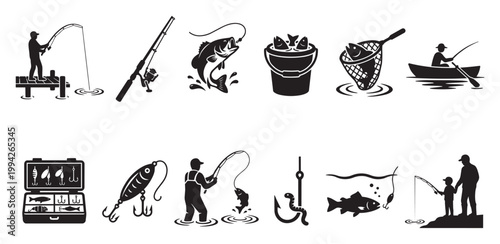 Collection of black and white silhouette icons depicting various fishing activities, equipment, and catches, suitable for sport and leisure themes.