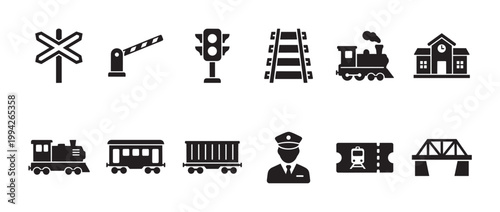 A black and white set of simple vector icons representing various train and transportation elements, perfect for informational graphics.