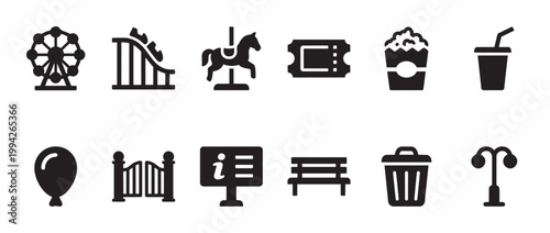 A clean, vector collection of black and white icons representing elements of an amusement park, including rides, food, and amenities.