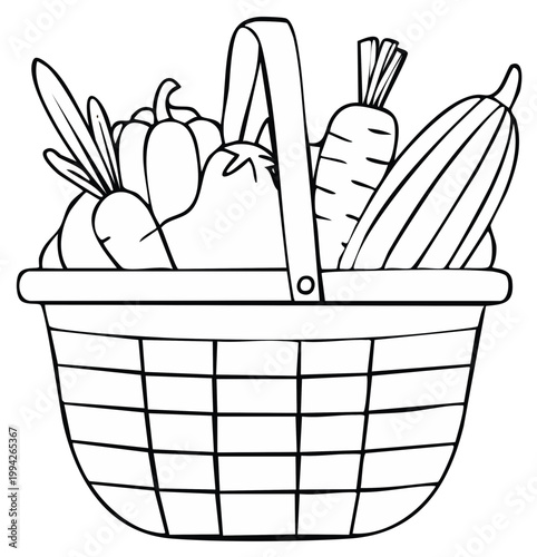 Black and white drawing of a basket filled with various fresh vegetables including zucchini and carrots
