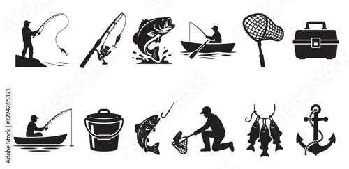 A clean silhouette collection of fishing icons, depicting anglers, fish, boats, gear, and nautical elements for diverse design applications.