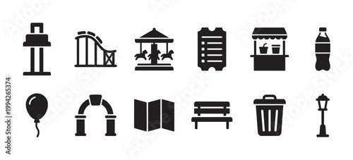 This collection of black icons depicts various elements found in an amusement park, including rides, attractions, and amenities.