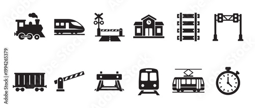 A collection of black and white vector icons representing various train and railway elements, perfect for transportation and travel-related designs.