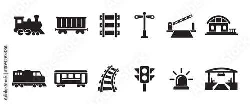 A collection of black vector icons representing various train and railway elements, including locomotives, carriages, tracks, stations, and traffic signals, against a white background.