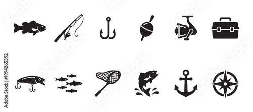 Collection of black fishing icons on a white background, including fish, rod, hook, reel, lure, and nautical symbols for diverse design use.