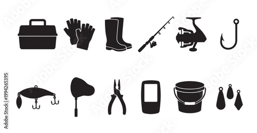 A collection of black silhouette icons depicting essential fishing equipment, including a tackle box, gloves, boots, rod, reel, hook, lure, net, pliers, and bucket.