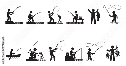 A collection of diverse stick figure icons illustrating various fishing activities, showing people catching fish from boats, piers, and shorelines, suitable for sports and leisure themes.