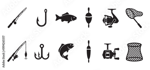 A collection of black silhouette icons representing various fishing equipment and a fish on a white background, ideal for design projects.