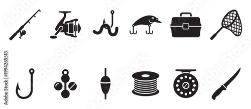 Collection of black silhouette icons representing various fishing equipment, including rods, reels, lures, hooks, a tackle box, and a net, on a white background.