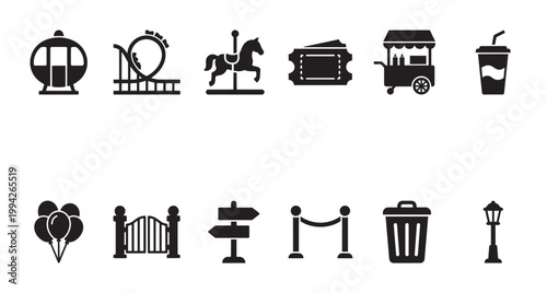 A collection of black flat icons representing various elements of an amusement park, including rides, tickets, and amenities, ideal for graphic design projects.