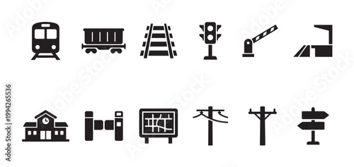 A collection of black vector icons representing various elements of transportation and railway infrastructure, including a train, carriage, tracks, signals, and station.