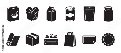 A collection of black and white vector icons representing various food packaging types, including boxes, cans, jars, and bags, on a white background.