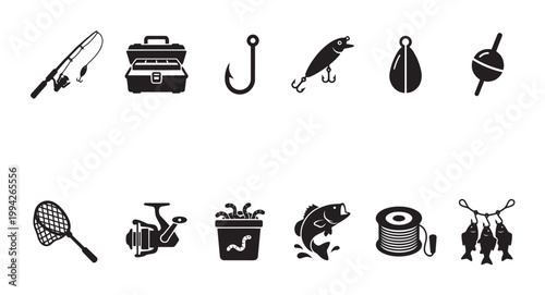 Collection of black and white silhouette icons representing various fishing equipment and gear, perfect for sports or hobby related designs.