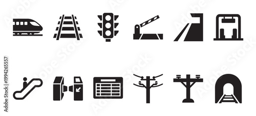 A black and white graphic design featuring a collection of icons related to transportation and infrastructure, including a train, railway tracks, traffic light, and tunnel.