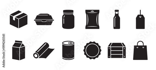 A collection of black packaging icons on a clean white background, perfect for e-commerce and delivery services.
