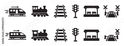 A black and white icon set illustrating various elements of train travel, including different train types, tracks, signals, a station platform, and a crossing barrier.