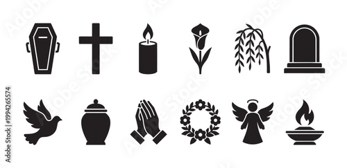A collection of black silhouette icons representing funeral and death symbols, including a coffin, cross, candle, urn, dove, and angel, suitable for memorial and grief themes.
