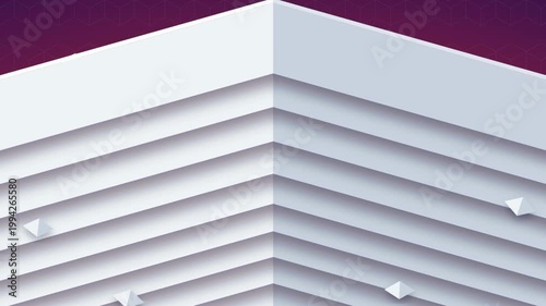 Close-up view of stacked white boxes in a corner with purple background