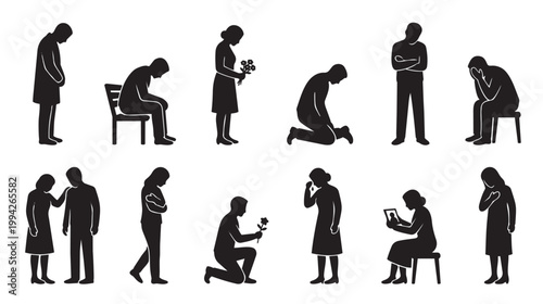 Collection of black silhouette figures depicting various emotions of sadness, grief, and despair in different poses, useful for illustrating difficult human experiences.