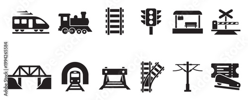 Collection of black vector icons representing various elements of train transportation, including trains, tracks, stations, bridges, and signals.