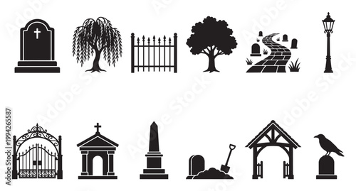 A collection of black and white vector silhouette icons representing cemetery elements, including tombstones, trees, gates, and a crow, perfect for graphic design projects.
