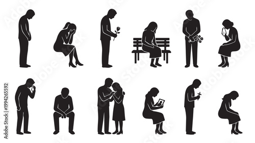 A collection of black and white silhouettes depicting various human emotions of sadness, grief, and loss through individual and couple poses with symbolic elements like flowers and photos.