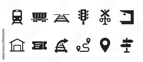 Collection of isolated black vector icons representing various transportation elements such as trains, tracks, signals, and travel planning.