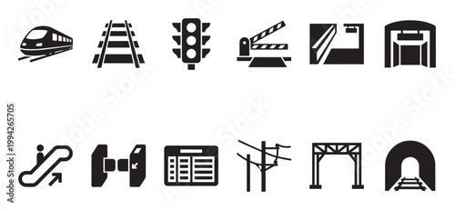 A collection of black and white vector icons representing various elements of transportation and infrastructure, including trains, tracks, and tunnels.