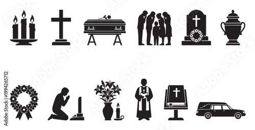 Collection of black silhouette icons representing funeral, mourning, grief, and death with elements like crosses, coffins, candles, and mourners.