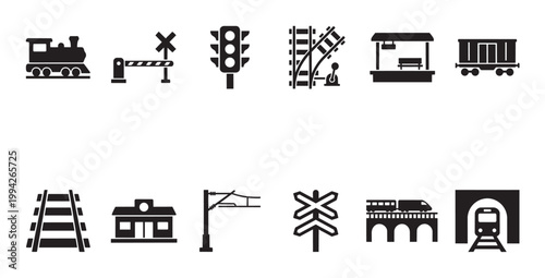 A collection of black icons depicting various elements of a railway system, including trains, tracks, stations, and crossing signals.