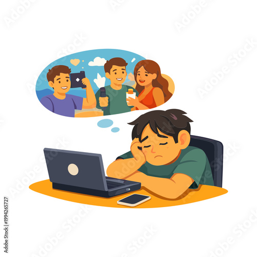 Lonely teenager sitting at desk with laptop thinking about social media friends