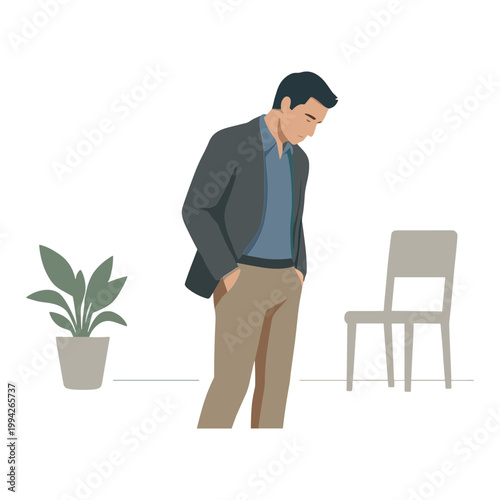 A man stands next to a chair and plant looking down