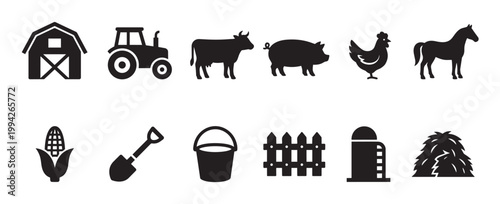Collection of black silhouette icons representing farm elements like animals, buildings, and equipment, perfect for agricultural or country-themed designs.