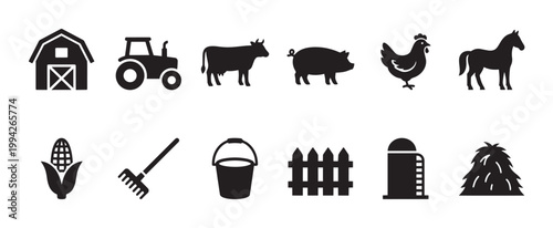 A collection of black vector icons representing various farm elements including animals, buildings, and equipment on a white background, suitable for agriculture concepts.