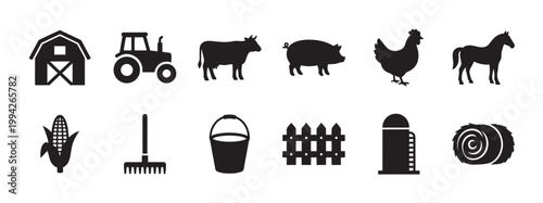 A collection of black silhouette icons representing various farm elements including animals, a tractor, and buildings against a white background.