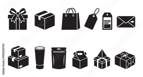 A collection of black and white icons representing various packaging, shipping, delivery, and mailing items, isolated on a white background.