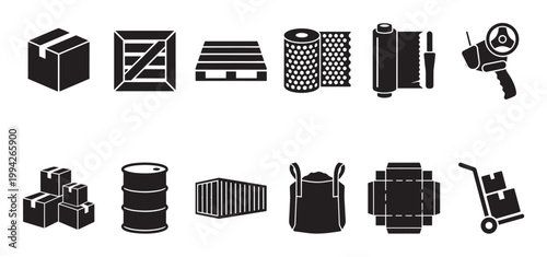 A comprehensive set of black icons depicting various shipping, packaging, and logistics elements on a white background, ideal for transport and delivery services.
