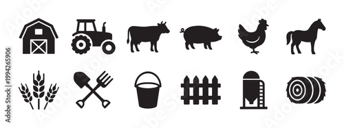 A collection of black silhouette icons representing various farm elements like a barn, tractor, cow, pig, chicken, horse, wheat, tools, fence, silo, and hay bale.
