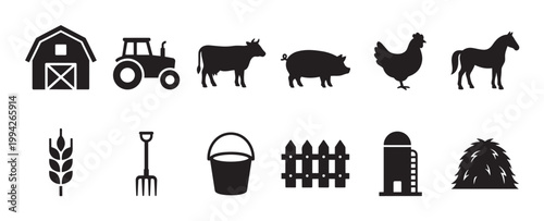 A collection of black vector icons representing various farm elements including buildings, machinery, animals, and equipment, perfect for illustrating agricultural themes.