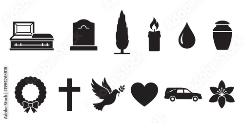 A collection of black silhouette icons representing elements of a funeral, including a coffin, gravestone, candle, urn, dove, and flower, suitable for memorials.
