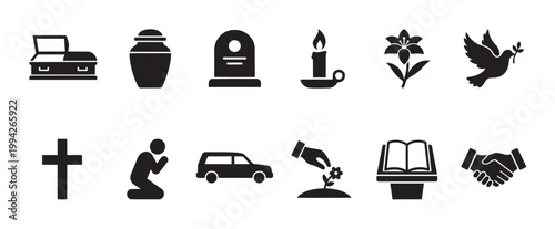 A collection of black and white vector icons representing funeral services, including a coffin, urn, tombstone, candle, dove, cross, praying person, hearse, and handshake.