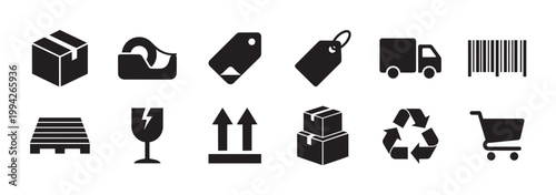 A collection of black vector icons depicting various shipping and logistics elements, including boxes, tape, tags, truck, barcode, pallet, fragility symbol, and shopping cart.