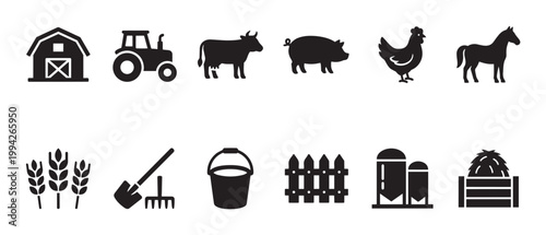 A collection of black silhouette icons representing various elements of farm life, including animals, buildings, and equipment, presented on a clean white background.