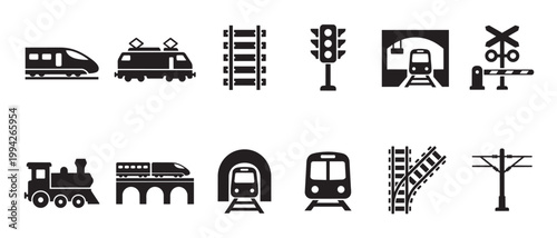 A collection of black silhouette icons representing various aspects of train travel including different train types, tracks, a tunnel, traffic light, and railroad crossing.