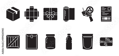 Collection of black silhouette icons representing various shipping and packaging items like boxes, tape, jars, bottles, and gift wrapping on a white background.